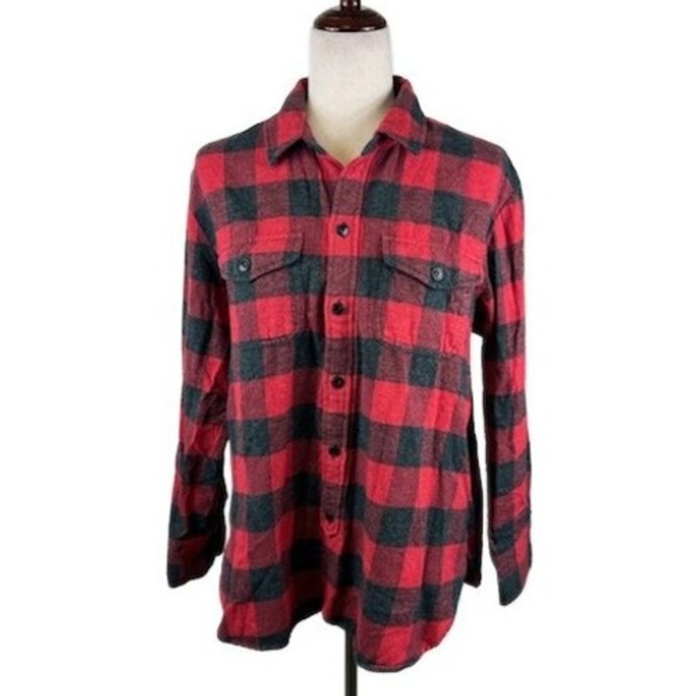 Madewell Flannel Blouse Women's Size Medium Red Black Buffalo Plaid Long Sleeve